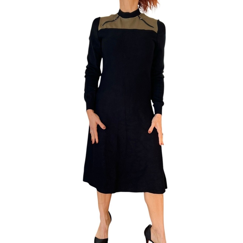TRICOT CHIC ITALY SWEATER DRESS BLACK GREEN WOOL KNIT LONG SLEEVE MIDI A LINE 6